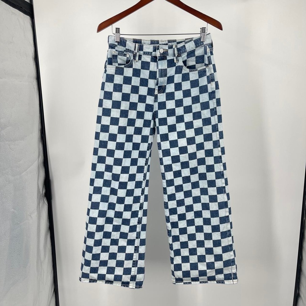 Old Navy Checkered Wide Leg Baggy Denim Jeans 18 8 M High Rise Retro Statement